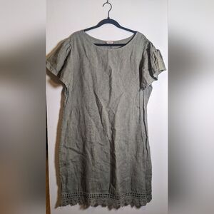 Saiph Lab Green 100% Linen Olive Sage Shift Dress with Embroidery sz 1X